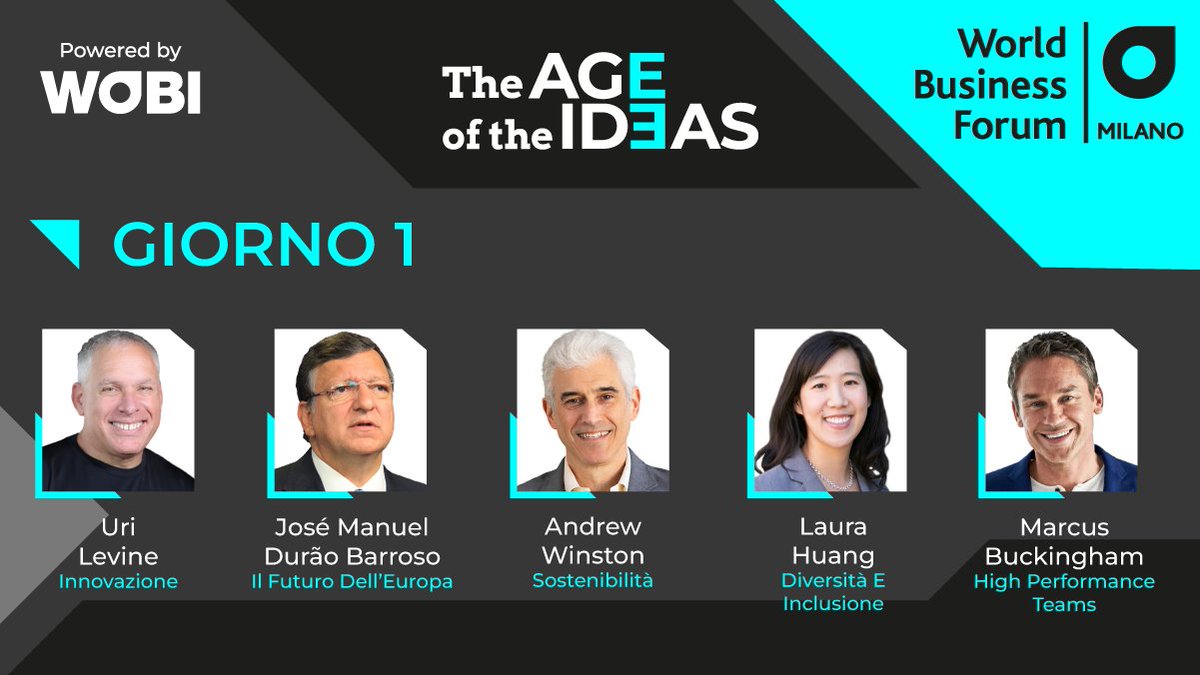 Al via il #WBFMI 2022! Durante questa prima giornata, saranno presenti sul palco @UriLevine1, @JMDBarroso, @AndrewWinston, @ProfLauraHuang e @mwbuckingham. Partecipa seguendo il live tweeting! #TheAgeOfTheIdeas Scopri di più 👉wobi.com/it/wbf-milano/