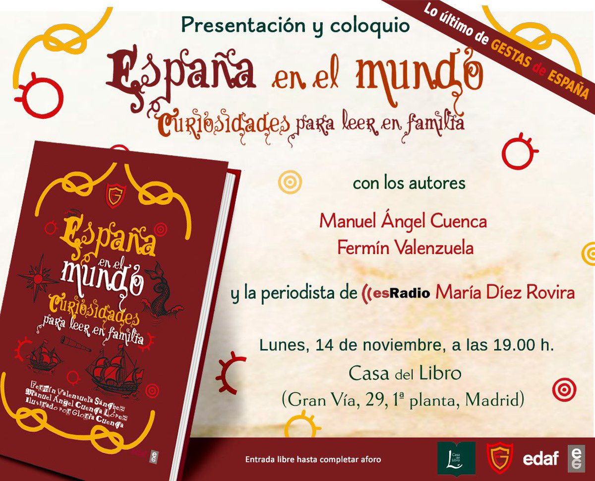 ‼️El próximo lunes los chicos de <a href="/GestasdeEspaNa/">GestasdeEspaña</a> presentan, en primicia, su nuevo #libro ‘España en el mundo. Curiosidades para leer en familia', en la <a href="/casadellibro/">Casa del Libro</a> de Gran Vía, #Madrid

Contaremos con una presentadora de excepción: <a href="/mdiezrovira/">María Díez Rovira</a>🎙

¿Nos vemos?😉