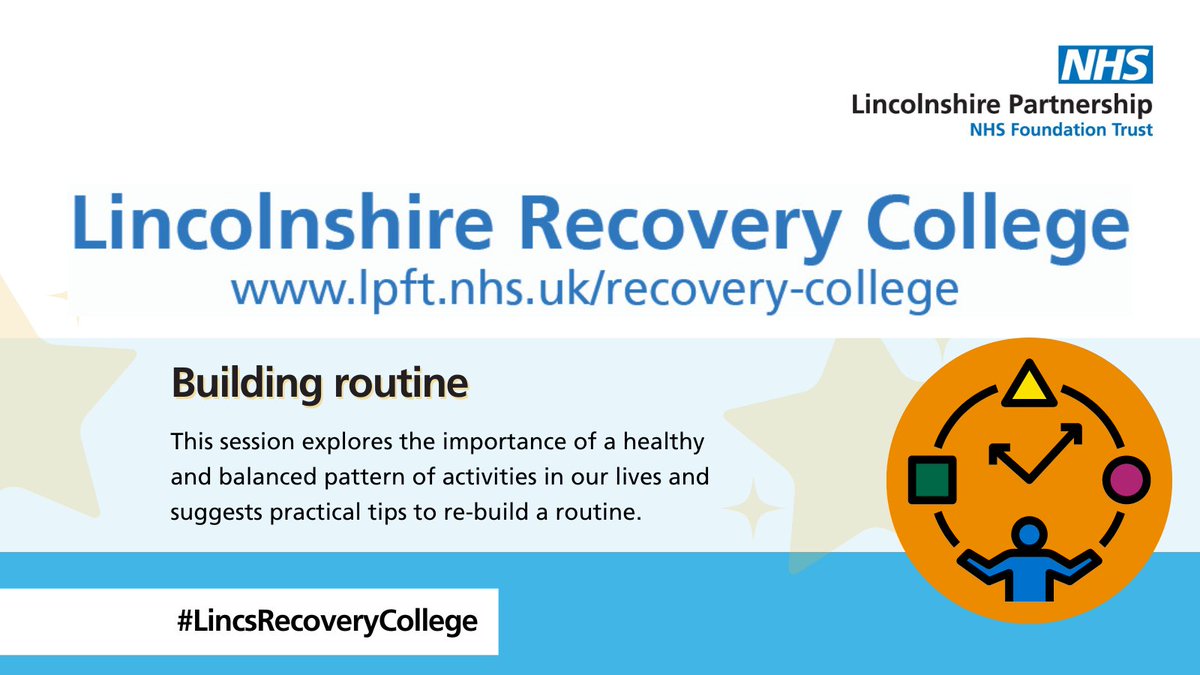 LPFTNHS's tweet photo. This #LincsRecoveryCollege online session explores the importance of a healthy and balanced pattern of activities and suggests practical tips to re-build a routine that is sustainable and linked to what matters to us. 

Join us Thursday at 2pm. Sign up at https://t.co/o67iax71S0 https://t.co/RClV0fTvTH
