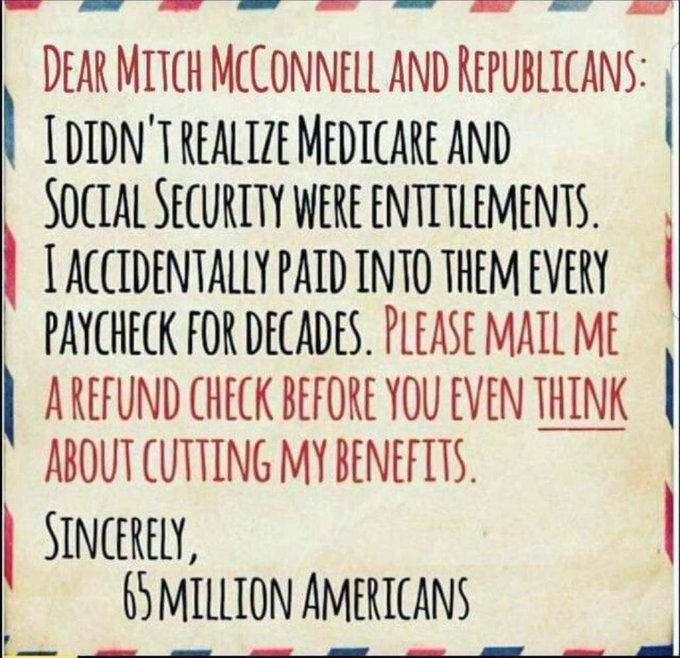 mmpadellan's tweet photo. RT and reply with #VoteBlueToday if you agree that Rick Scott, Mitch McConnell, and every other Republican who wants to end Social Security and Medicare can go f*ck themselves.

SOCIAL SECURITY IS OURS.
WE PAID INTO IT. https://t.co/992xa8Byp0