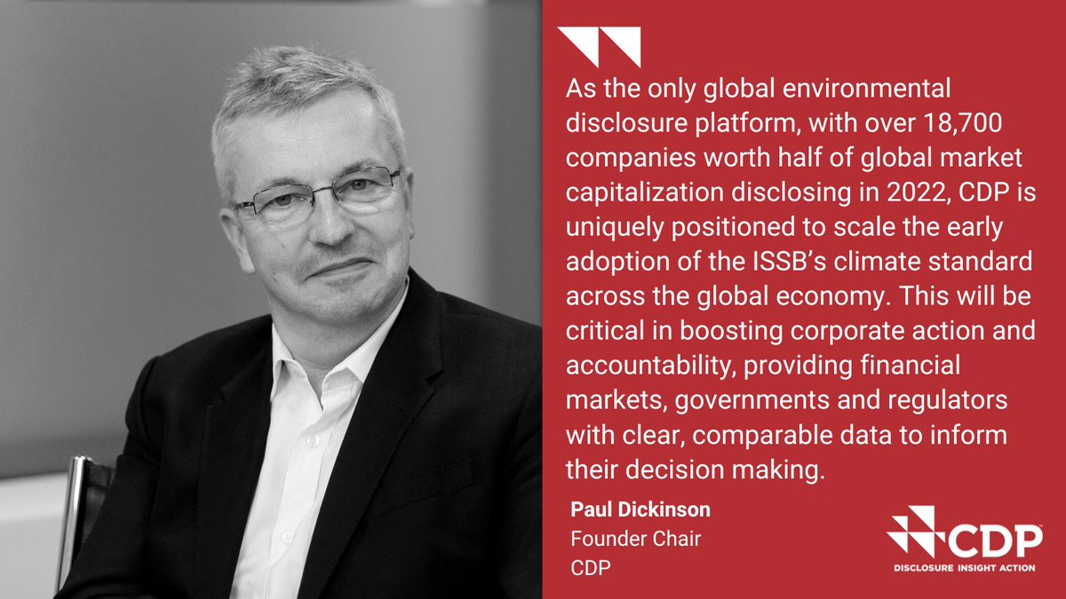 CDP is delighted to announce that we will incorporate the ISSB climate standard into our global environmental disclosure system. With 18,700 companies disclosing through CDP, this means the standard can be rapidly implemented across the global economy: ow.ly/A1U850LxcxT