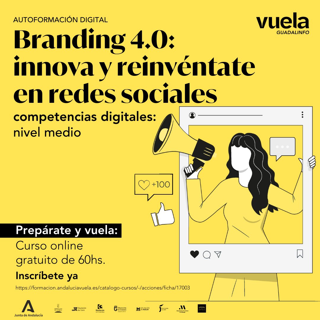 🌐 🎓 Mejora la gestión de tu #marcapersonal o la de tu proyecto en #redessociales 

📱📰 #Autoformación online y gratuita ¡Tú te organizas! 👉 bit.ly/3DS4lOz 

🟡 #competenciasdigitales #branding #socialmedia #preparateyvuela #VuelaGuadalinfo