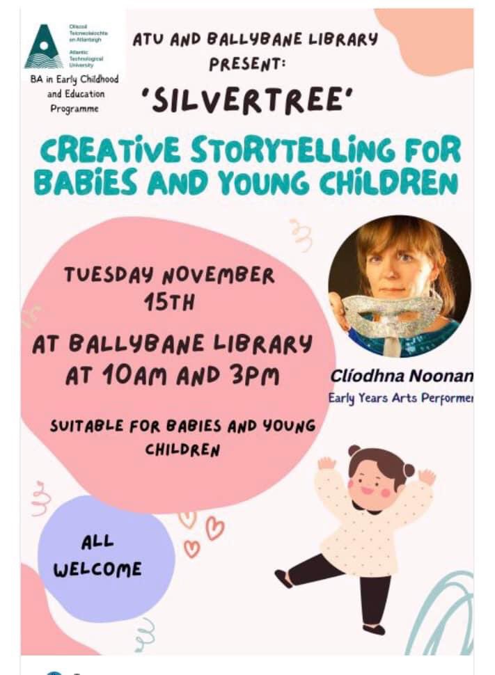 RitaMelis6's tweet photo. Calling Children, parents, guardians, childcare providers another #ATUCommunityLinks @Ballybanelib All welcome to this free of charge event @ATU_GalwayCity @noonan_cliodhna @CaitrionaRyan10 @OFlynnATU @artscouncil_ie looking forward to seeing you😊 https://t.co/tWWBnI0GjI
