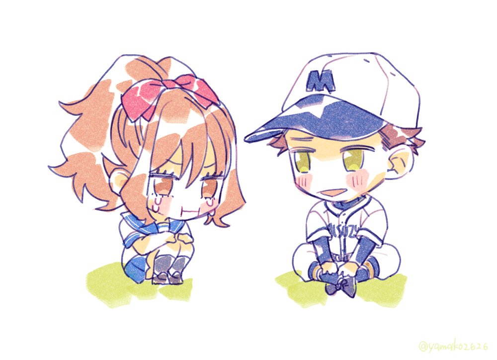 1girl 1boy brown hair hat school uniform chibi sportswear  illustration images