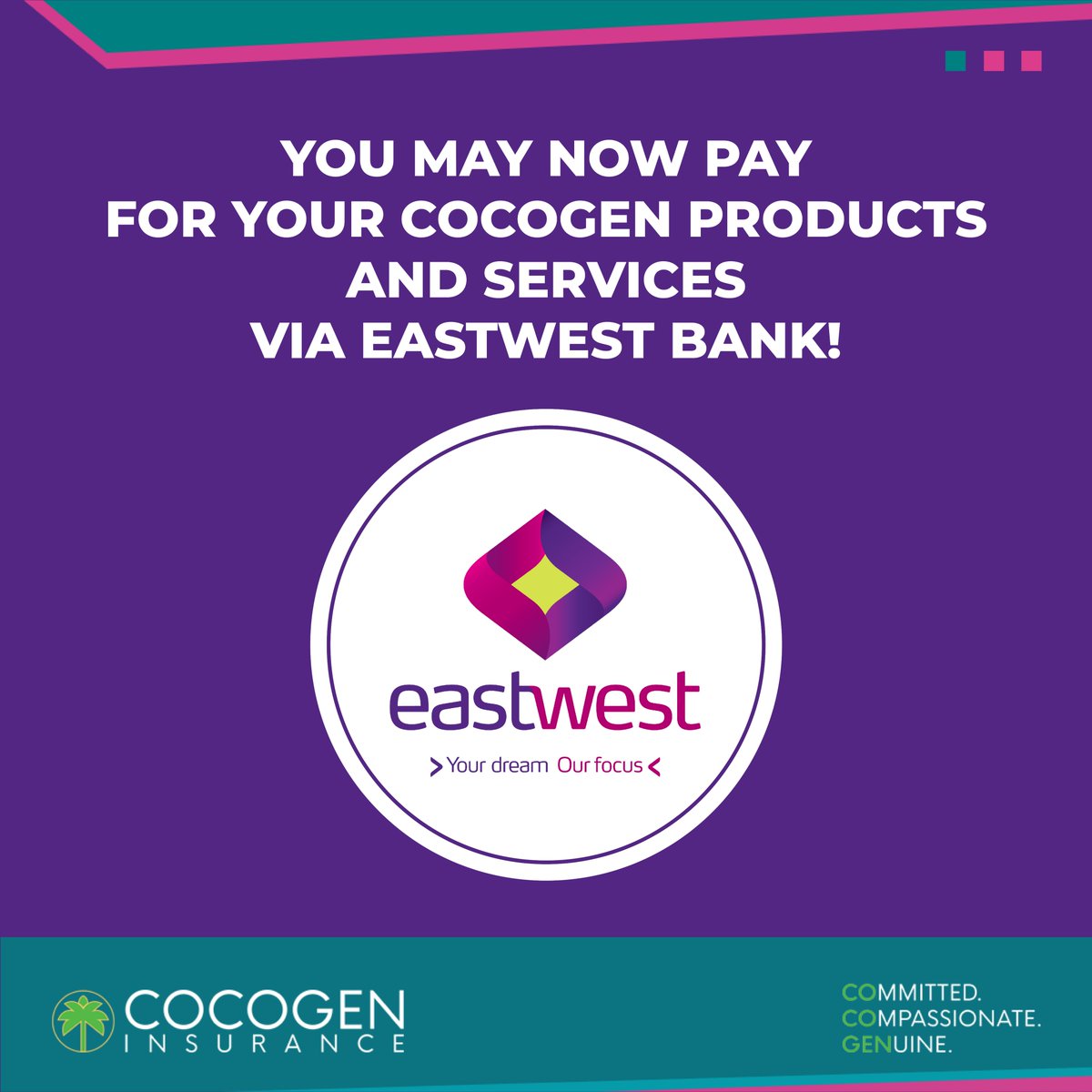 cocogenofficial's tweet photo. We are proud to announce that you can now pay for your #Cocogen products and services via EastWest Bank's app, website, and branches!
#WeGotYou
#Committed #Compassionate #Genuine https://t.co/v4a02thZ7V
