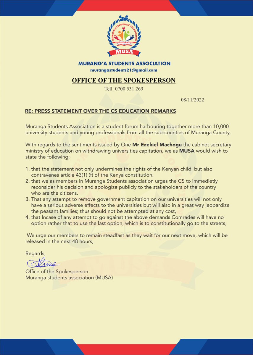 Public universities must be respected. University are already sinking in debts due to underfunding and totally not funding them will lead to comrades dropping out of school. They should be thinking on making the helb loan grants. 
<a href="/Labanmacharia01/">Eng Macharia</a> 
<a href="/HEBabuOwino/">Babu Owino</a> 
<a href="/AlinurMohamed_/">Alinur Mohamed</a>