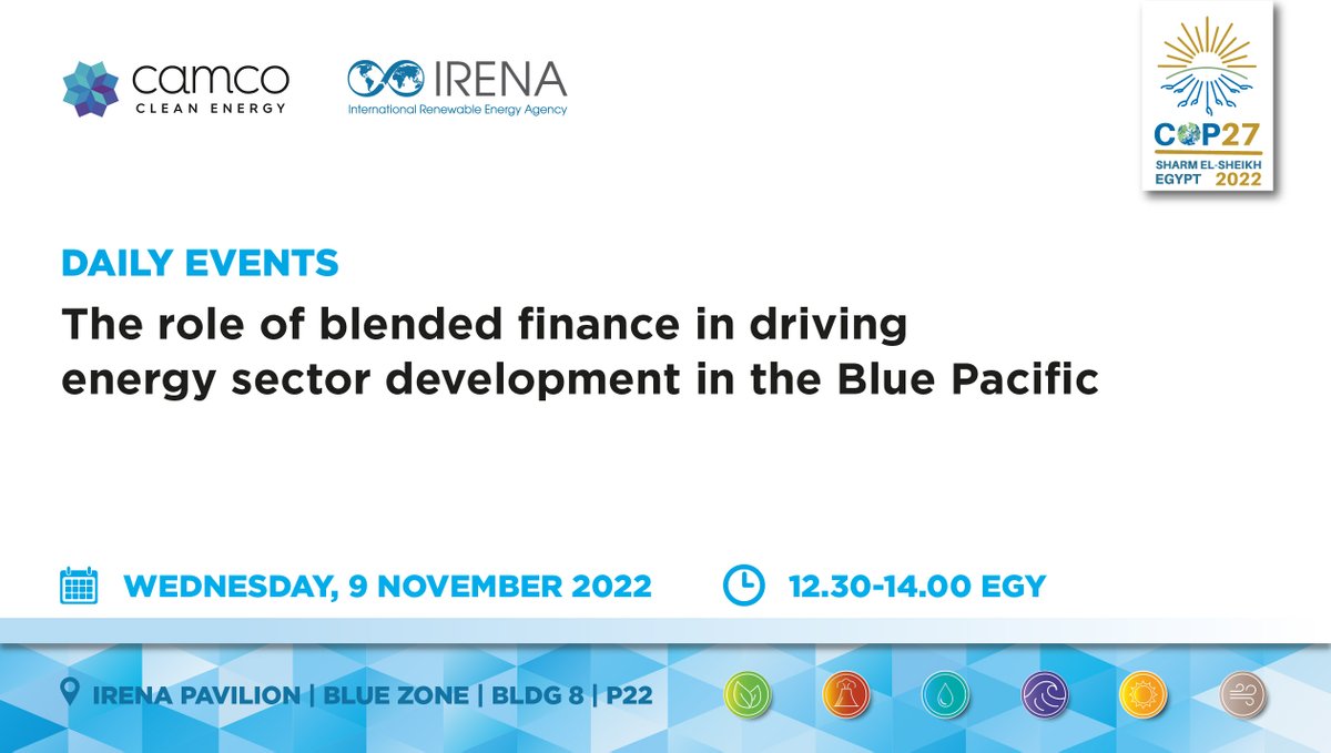IRENA's tweet photo. For Finance Day at #COP27, @IRENA's Pavilion will host @Camco_tweets to draw on its experience &amp; shed light on the delivery-focused approach required for financing #renewableenergy projects in Africa.

Tap below to explore #IRENAatCOP27👇
https://t.co/loN9RYk9Uy https://t.co/bBZ5E7k13D