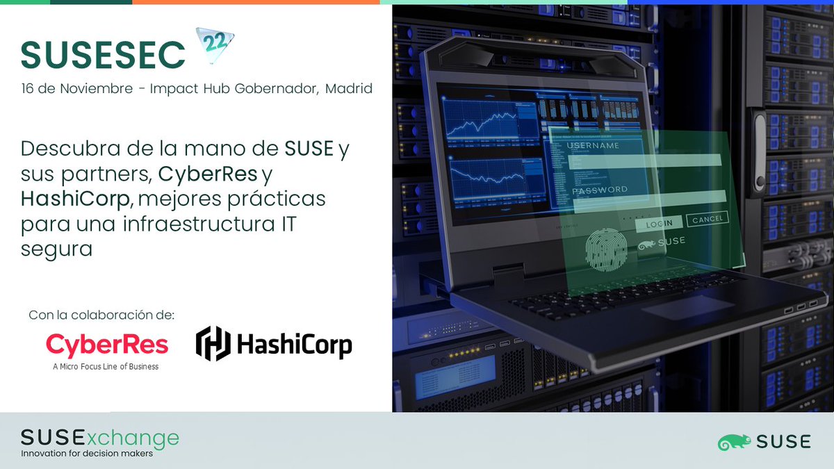 SUSE_Spain's tweet photo. Las organizaciones necesitan construir estrategias #TI sobre soluciones certificadas y que cumplan con los estándares de #seguridad🔐 más exigentes.
¡Te esperamos el 16 de noviembre en #SUSESEC para contarte cómo lograrlo!
Más info 👉https://t.co/IeMEKJohnc
@CyberRes @HashiCorp https://t.co/8Mpm85lnHF