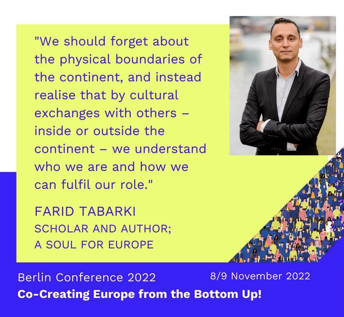 Tomorrow (the day the Berlin Wall fell) @faridtabarki will be (together with @andras_bock) hosting @asoulforeurope’s RETHINKING EUROPE conference panel, reflecting on our common responsibility and to take an active role in creating a human Europe. europebottomup.eu/projects/berli…