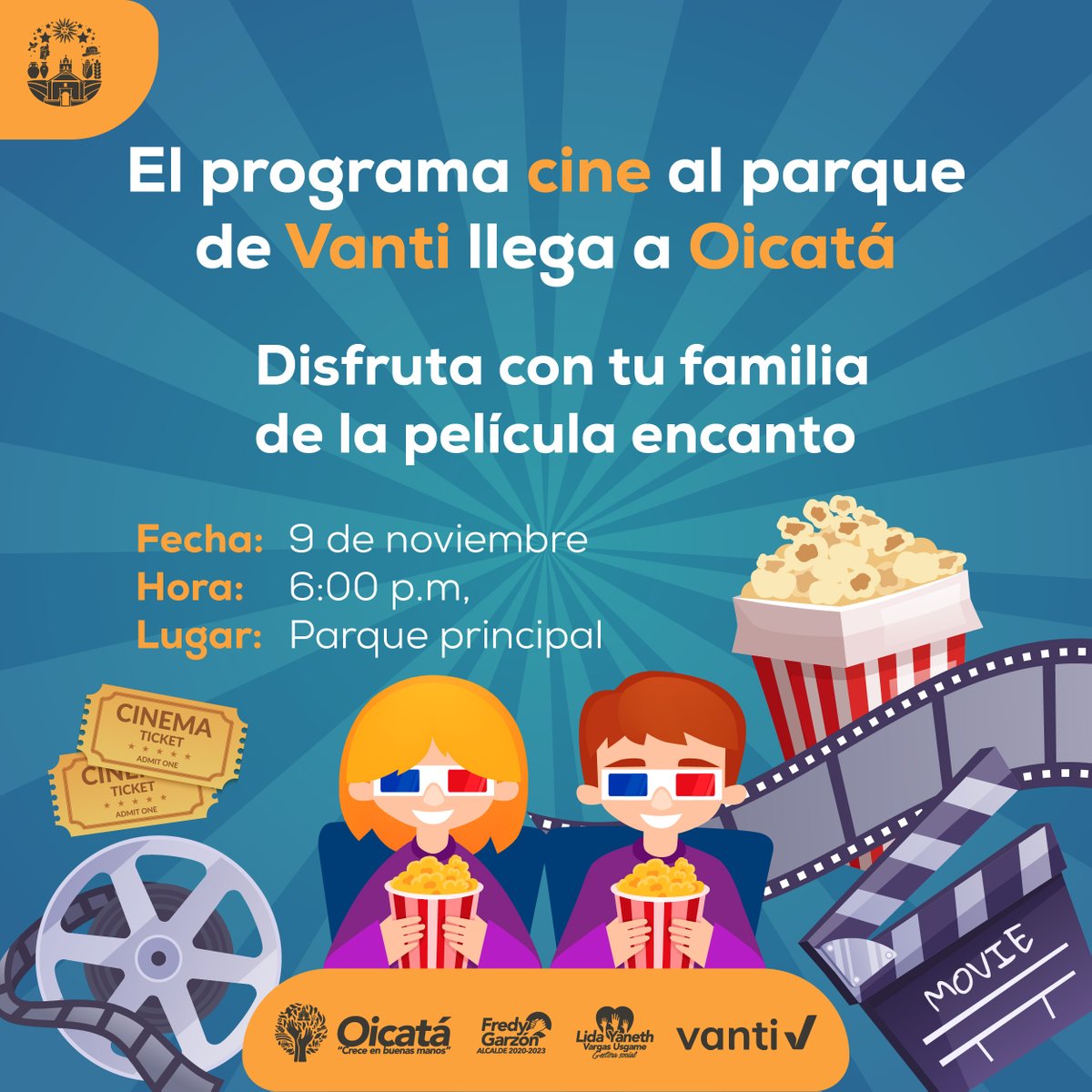 Desde la administración municipal de Oicatá, liderada por el señor alcalde Fredy Alexander Garzón Rojas, la gestora social Lic. Lida Yaneth Vargas Usgame junto a #VANTI Estaremos desarrollando el programa #CineAlParque el día miércoles 9 de noviembre 📽🍿🎞🌳🍃
#OicatáAprende
