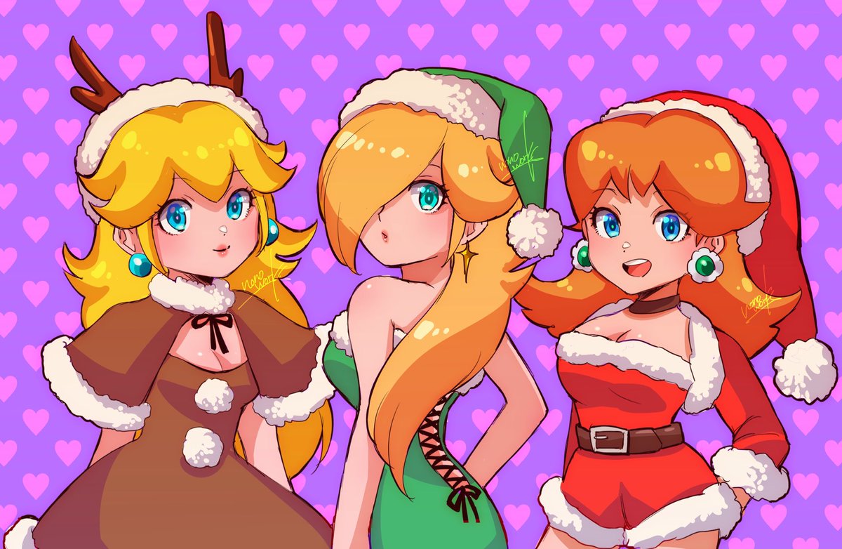 princess daisy ,rosalina 3girls multiple girls hat jewelry blonde hair earrings dress  illustration images