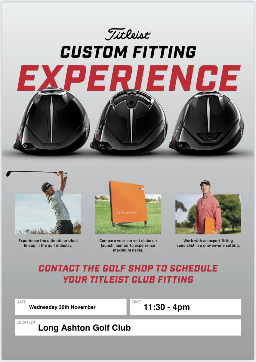 Have you been fitted for a new #TSR yet?

Fortunately we have a Fitting Event coming soon <a href="/LagcShop/">Long Ashton Golf Club Professional Shop</a> 

T - series irons and SM9 <a href="/VokeyWedges/">Vokey Wedges</a> also available 

🗓️ Wednesday 30th November  <a href="/LongAshtonGolf/">Long Ashton Golf Club</a> 

Book now to Find Your Faster 🚀

#teamtitleist #findyourfaster