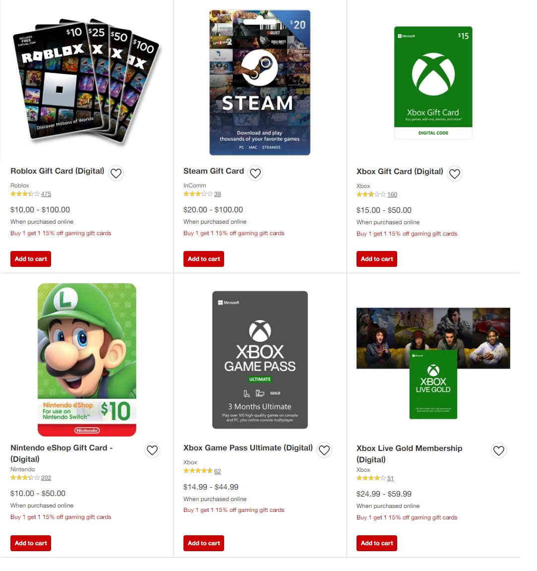 Wario64 on X: Buy 1 Get 1 15% off gaming gift cards at Target