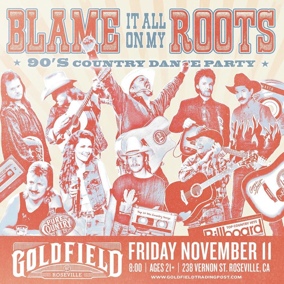 🎶 Blame it all on my roots 🎶 Y’all need to come out and join the newest dance party to invade Goldfield Roseville!! Blame It All On My Roots: 90’s Country Dance Party is coming and it ain’t no black tie affair!! Grab your big a** belt buckles and your tickets now🤠