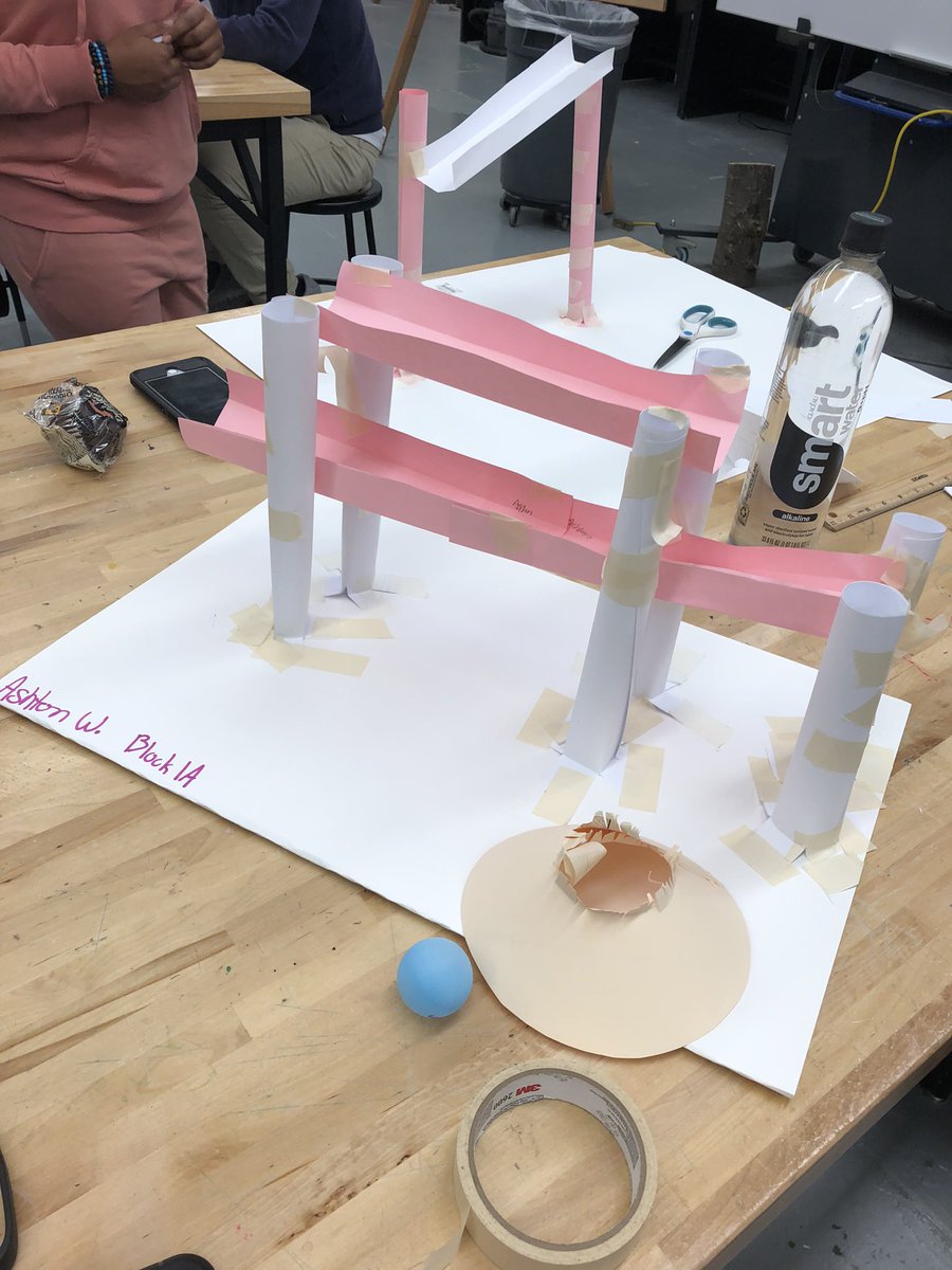 APHS 8th grade engineers creating machines to move a ping pong ball from 11” high down to the tabletop using only paper and tape.  The SLOWEST one wins this challenge. Lots of redesign today!   @PrincipalONeill <a href="/Asbury_ParkSD/">Asbury Park Schools</a> <a href="/DrRaShawnAdams/">Dr. RaShawn M. Adams</a>
