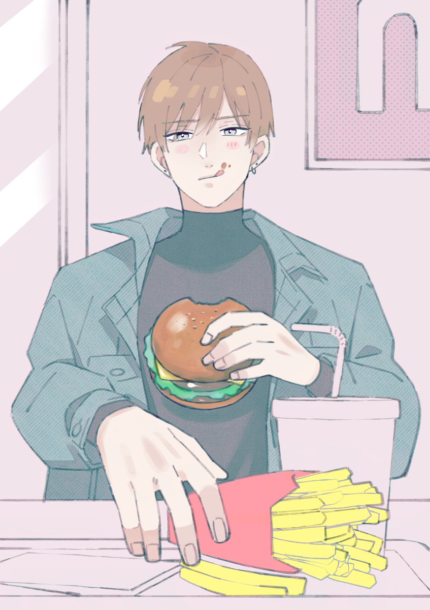 food burger french fries male focus 1boy solo holding food  illustration images