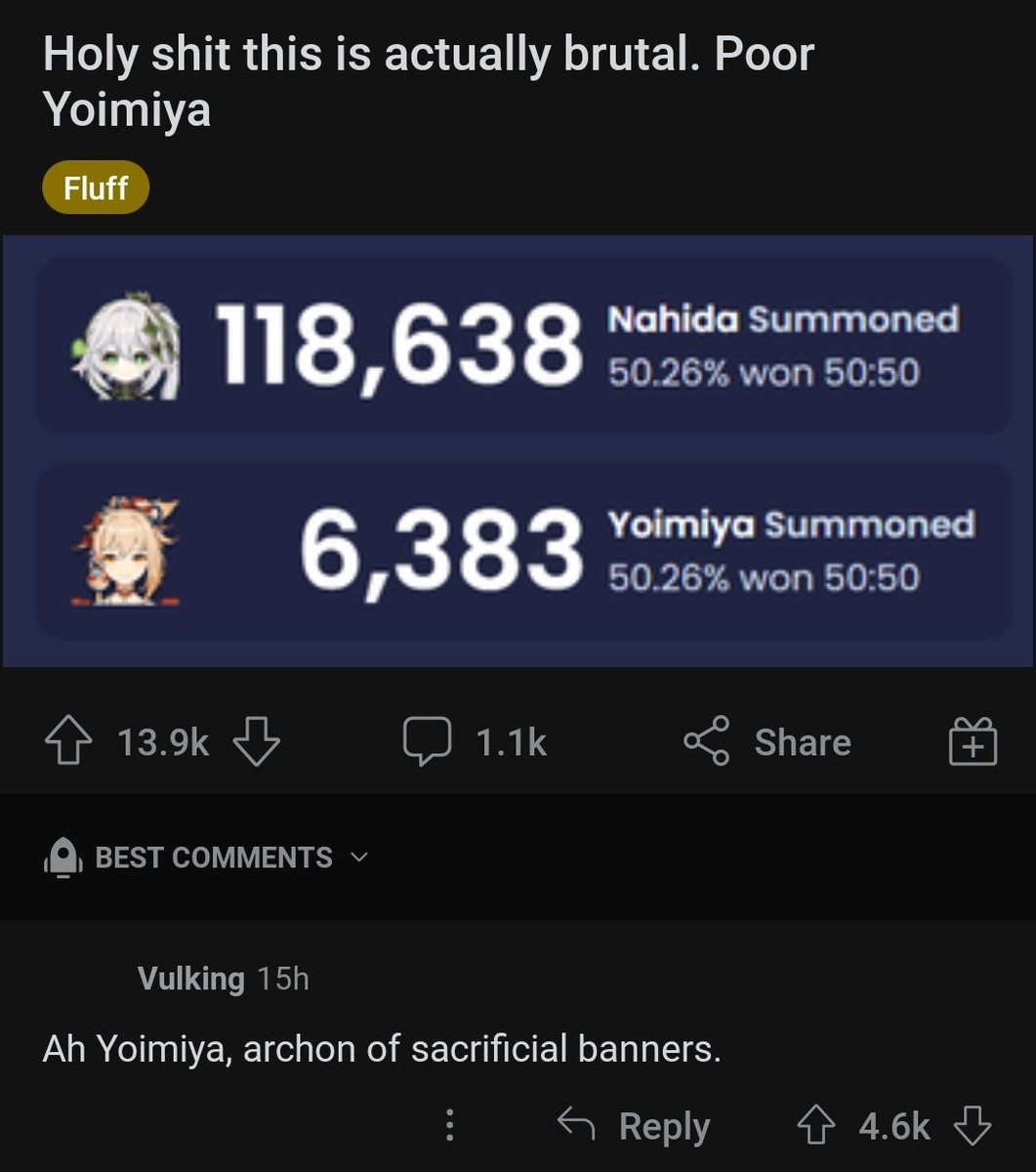 teyvattabloid's tweet photo. I bet hoyo will rerun Yoimiya with hydro archon :⁠-⁠(

#Genshinlmpact #Genshin #genshinmemes https://t.co/O5Fd7nd0wk