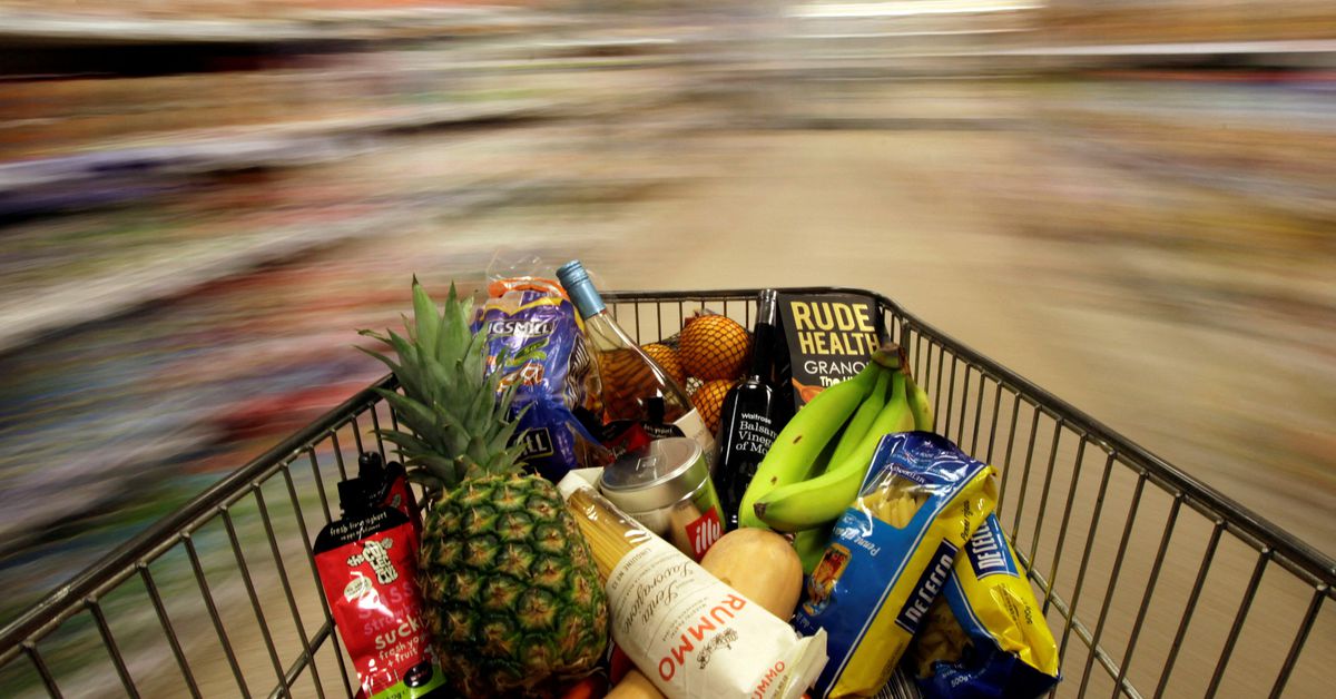 Reuters's tweet photo. British grocery inflation hit record 14.7% in October -Kantar https://t.co/KiuPd2fhao https://t.co/pQp6yTpAtu