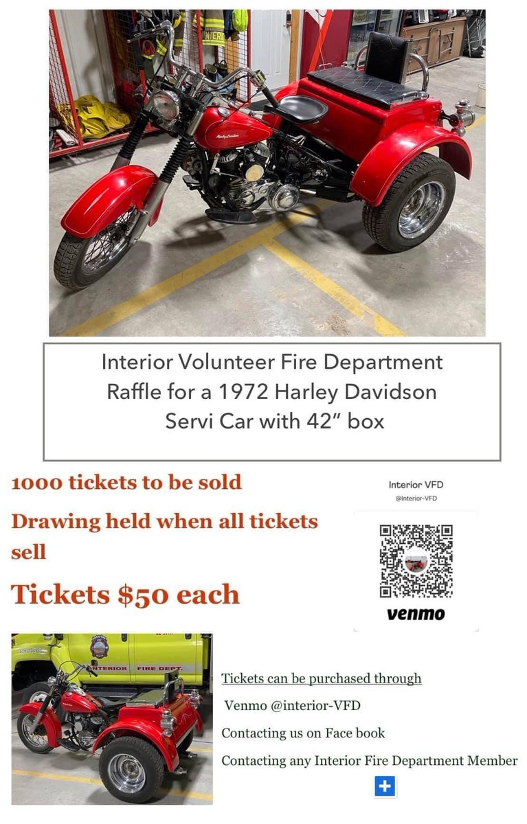 Interiorvfd's tweet image. We have decided that we are going to go ahead and draw for this bike soon.  We have only sold close to 100 tickets. So if you want a chance at this cool trike get your tickets sooner rather than later.  $50 each contact any member or through Venmo or PayPal