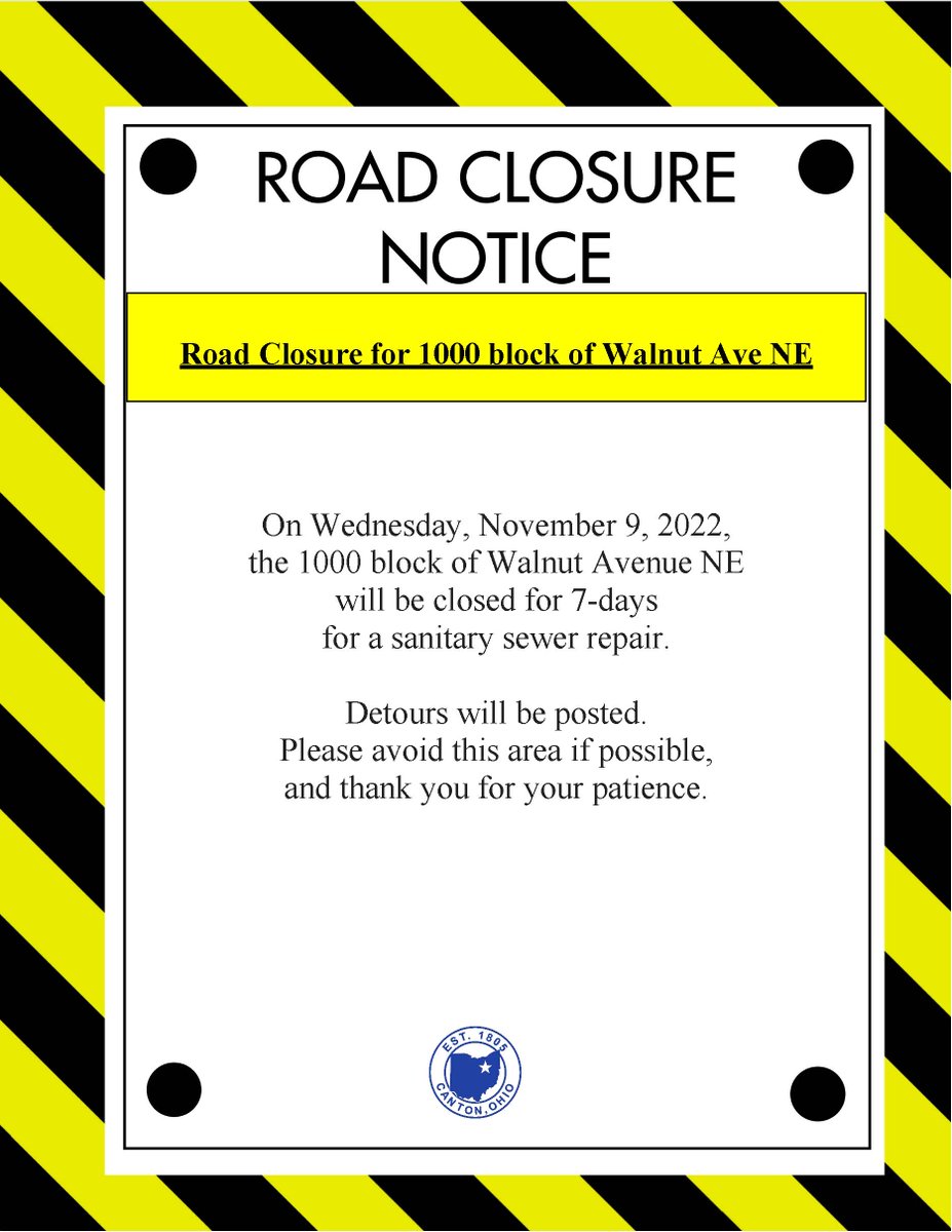 Road Closure - 1000 block of Walnut Avenue NE beginning November 9, 2022 for 7 days.
