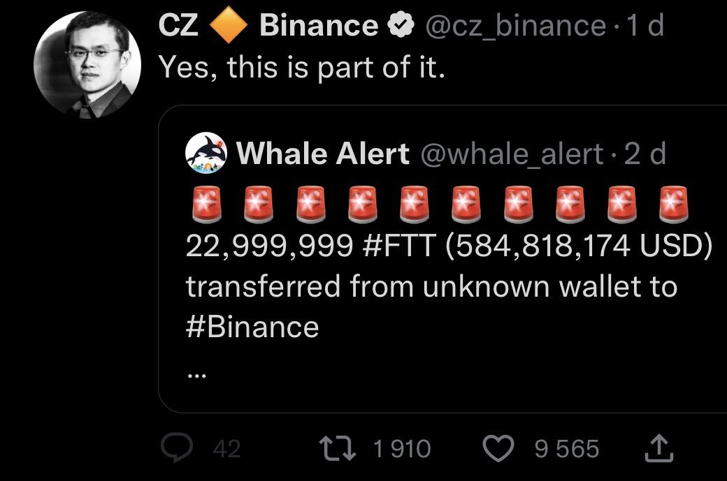 StackerSatoshi's tweet image. This is getting weird:

6 October - a hacker drains $580 million #bnb
7 November - Binance starts dumping $580 million #ftt
7 November - FTX urging CZ to stop dumping ftt 
8 November - CZ willing to stop dumping and trade all their ftt if ftx gives them $580 million in BNB.🧐