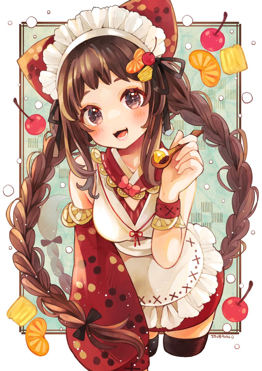 1girl solo brown hair braid food apron maid headdress  illustration images