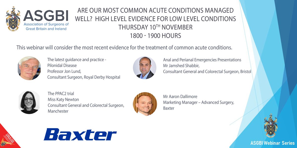 ASGBI (@asgbi) on Twitter photo Looking forward to our next webinar, this Thursday, 10th November at 6pm. Led by <a href="/Schoolofsurg/">Jon Lund</a>, with <a href="/KatyNewton17/">Katy Newton</a> and <a href="/jshabbir/">Jamshed Shabbir</a> we'll be focusing on management of common acute conditions. Looking forward to our next webinar, this Thursday, 10th November at 6pm. Led by <a href="/Schoolofsurg/">Jon Lund</a>, with <a href="/KatyNewton17/">Katy Newton</a> and <a href="/jshabbir/">Jamshed Shabbir</a> we'll be focusing on management of common acute conditions.