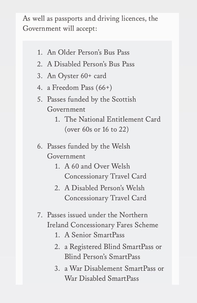 supertanskiii's tweet image. On the left, how people voted by age in the 2019 General Election. 

On the right, a list of what the government deem to be acceptable voter ID.

Voter ID will be mandatory from May, it is designed to retain power by force. It exists to exclude the young and poor from democracy.