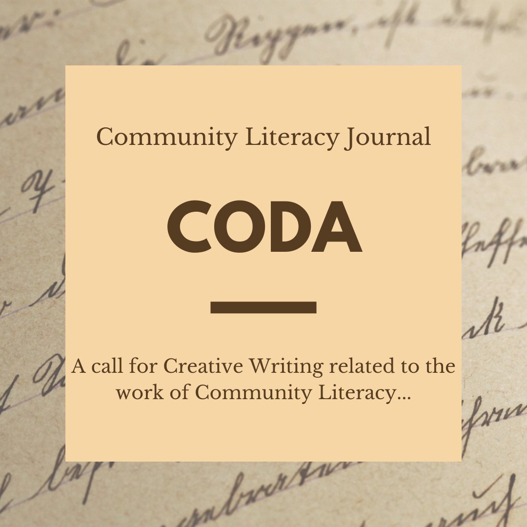 ccw_community's tweet photo. The Community Literacy Journal is currently seeking submissions for the "Coda" section of the journal, a new section that publishes creative writing related to the work of community literacy!
(more submission details in the second tweet) https://t.co/aZBBBswWbC