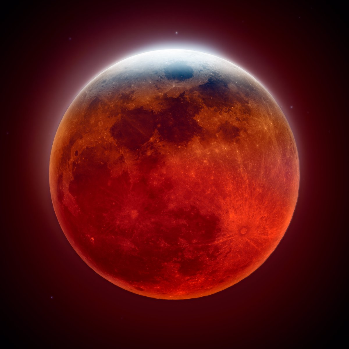 My finished shot from this morning's total lunar eclipse. This image was captured by using two telescopes, one to capture intricate detail on the lunar surface, and one to capture the rich tones cast by Earth's shadow across the disc.  Go ahead, zoom in on it!