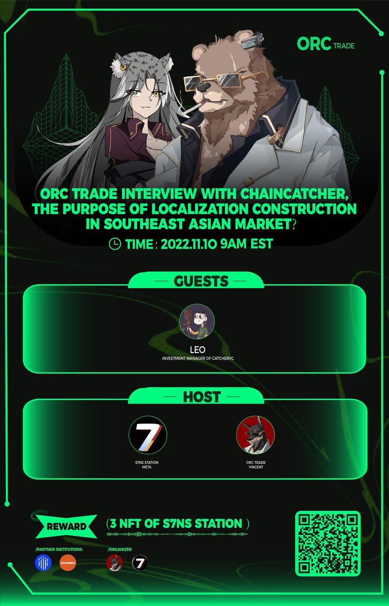_ORCTrade's tweet photo. 🐺ORC AMA INTRODUCTION

ORC Trade Interview with ChainCatcher, The purpose of localization construction in Southeast Asian market？@ChainCatcher_ @CatcherVC @monsterleo_ 

Nov.10th 9AM.EST

Win 3 NFTs of S7NS Station

Like, RT, Tag 3 friends，Attend and participate in questions！ https://t.co/Chgi6W2sQE