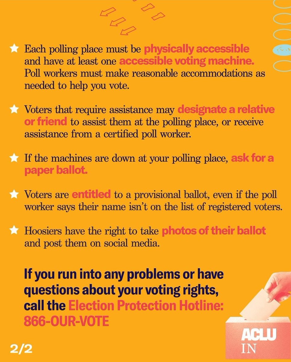 #Indiana: You have inalienable rights at the polls today, fellow #Hoosiers! Get acquainted with these helpful bullet points from <a href="/ACLUIndiana/">ACLU of Indiana</a>. And if you think something isn't right? Call 1-866-OUR-VOTE

#ElectionDay2022 6am-6pm