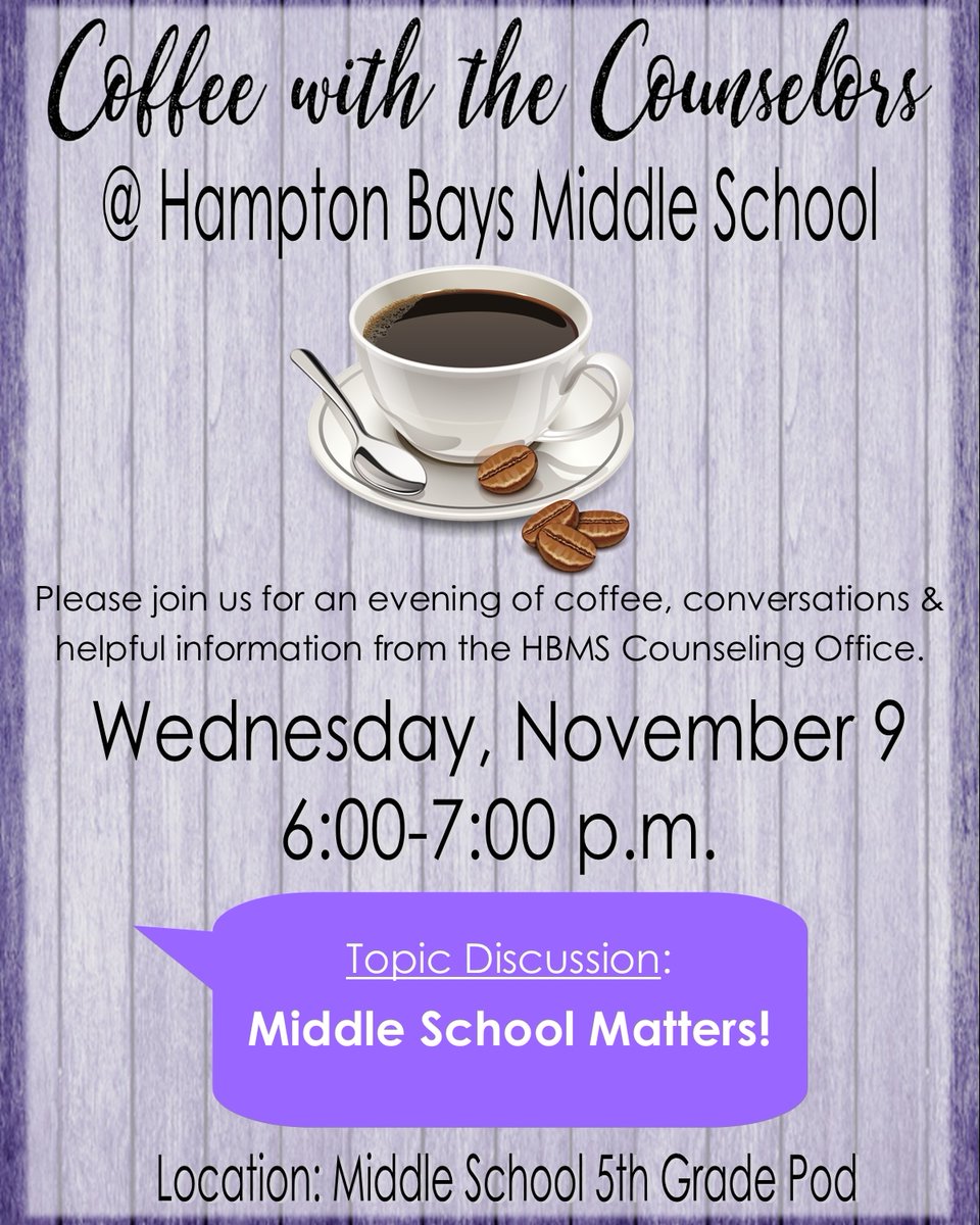 HBMSCounseling's tweet photo. Just a reminder! Come join the @HBMSCounseling department at our first Coffee with Counselors of the school year! We look forward to seeing all our parents tomorrow night! 😊 https://t.co/Ydk9O1XjwV