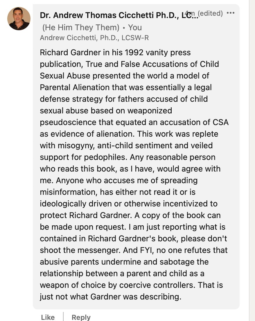 AndrewCicchett1's tweet photo. #ParentalAlienation 
#FamilyCourt 
#familycourtawarenessmonth 

Consider this an open letter to @ProfHine and @jenjillharman 
This is a response to Dr. Harman's substack defense of Richard Gardner entitled Shooting the Messenger: The Character Assassination of Dr. Richard Gardner https://t.co/JCcea3vGuE