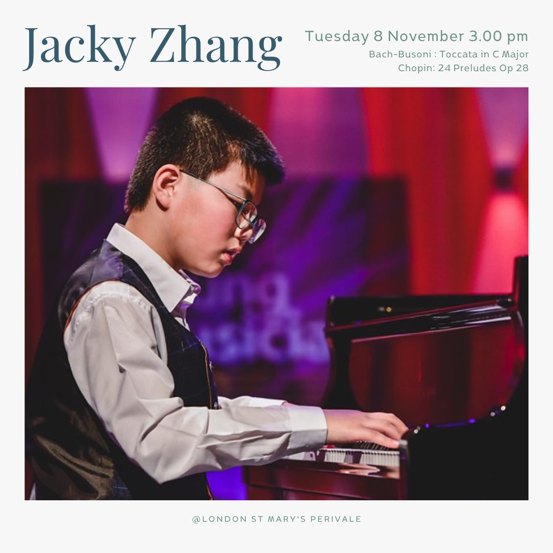 Tuesday’s recital will be presented by young pianist Jacky Zhang.

Livestreaming available on Youtube, link in Bio!
Or see you at 3 pm at London St Mary’s Perivale! (Free entry!)

Program:
Bach-Busoni : Toccata in C Major
Chopin: 24 Preludes Op 28