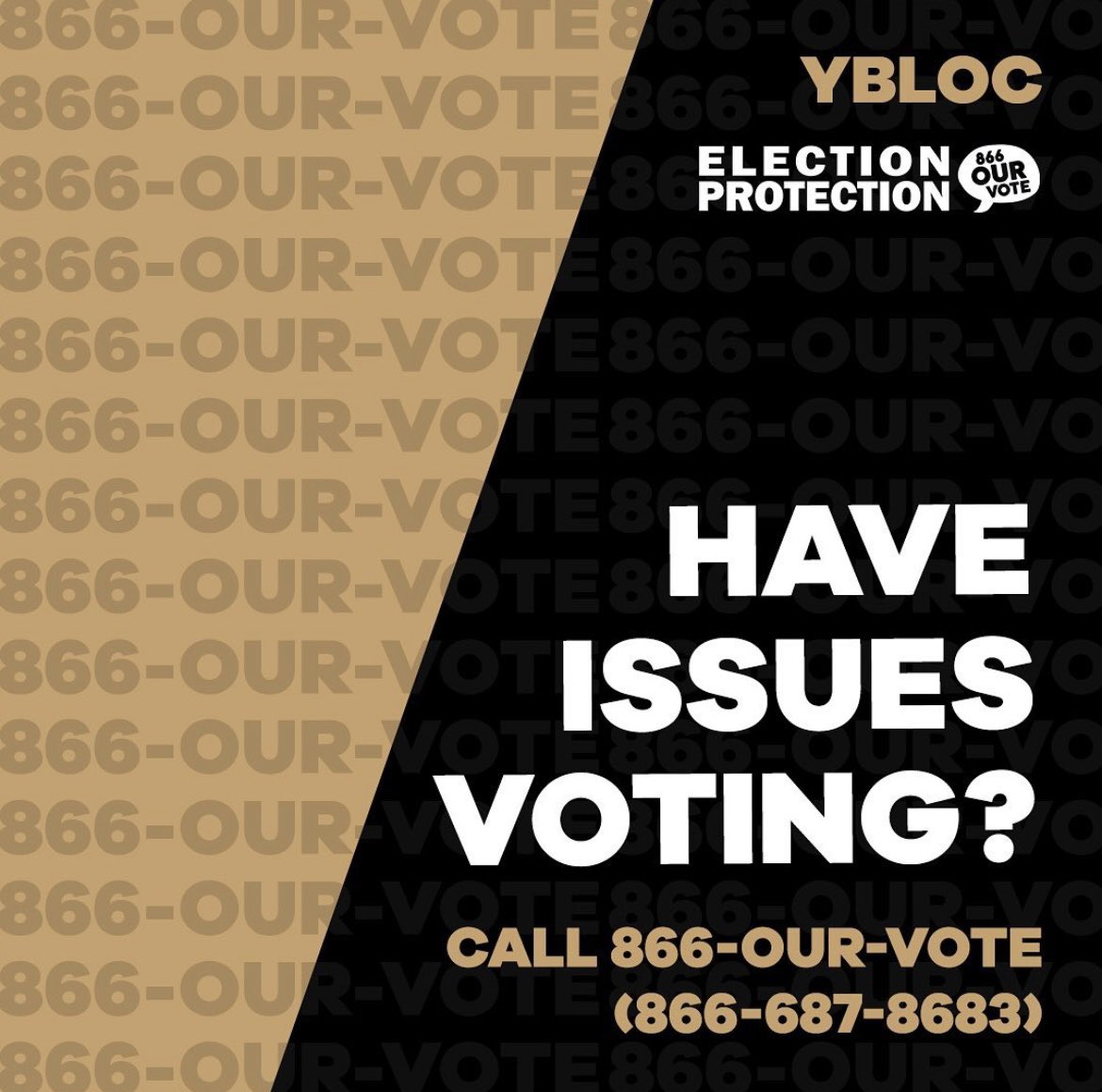 Today is Election Day! Black ballots are Black futures. Cast your ballot TODAY!

If you encounter any issues while voting, call the Election Protection Hotline <a href="/866OURVOTE/">Election Protection</a>. 

#BlackBallotsBlackFutures