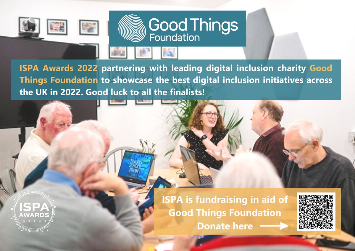 ISPA Awards has partnered with <a href="/GoodThingsFdn/">Good Things Foundation</a> to champion and showcase the best digital initiatives across the UK. We are asking for donations from ISP community to contribute to the important resourcing needed to continue their essential work.
Donate ⬇ bit.ly/3NPaIXx
