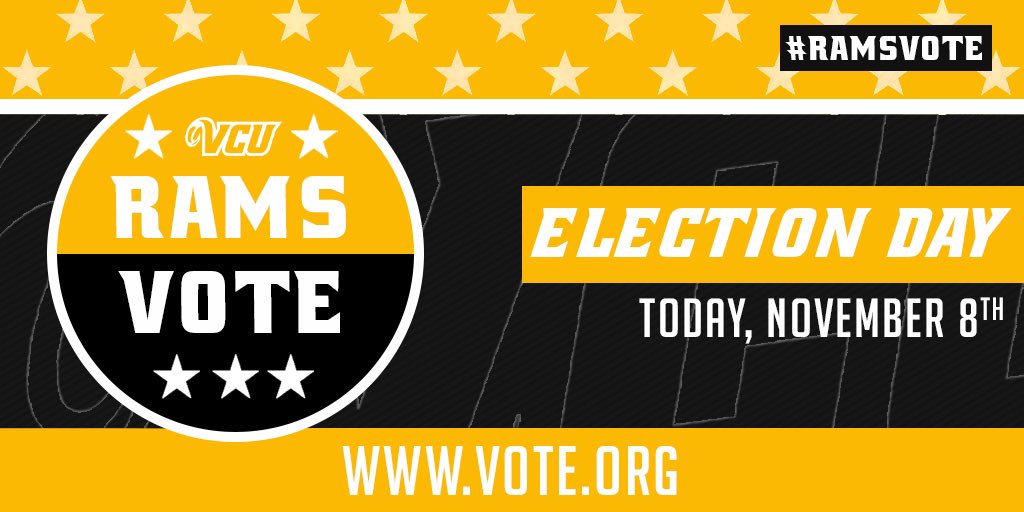 VCUAthletics's tweet photo. Today is 𝙀𝙡𝙚𝙘𝙩𝙞𝙤𝙣 𝘿𝙖𝙮! Polls are open until 7 pm in Virginia 🇺🇸
🗳 https://t.co/HH8rGejJEM
#RamsVote #VCUVotes https://t.co/wkeTIOT9sl