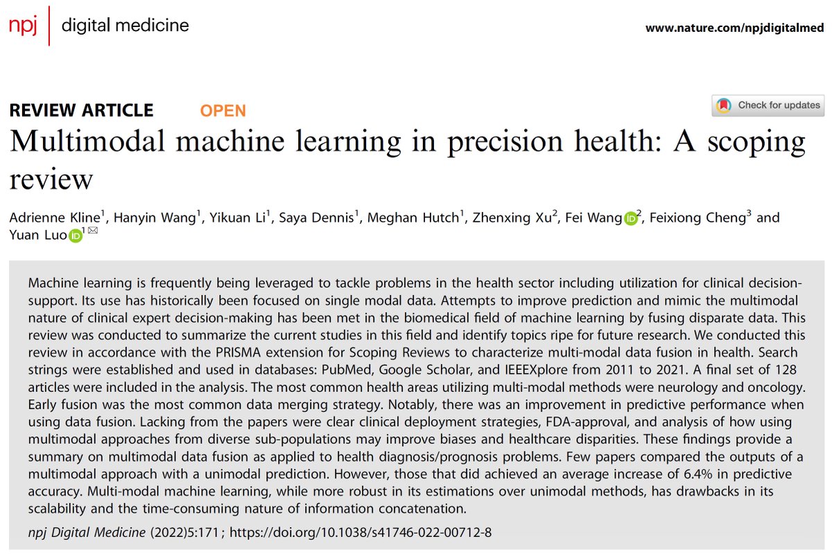 yuanhypnosluo's tweet photo. Delighted to share our @npjDigitalMed review on #multimodal #machinelearning in #PrecisionHealth. We summarized state-of-the-art ML studies fusing disparate data prognostic and diagnostic inferences and identified major road blocks &amp; future opportunities. 
https://t.co/1cwkw0EF4b https://t.co/A19swDmGAg