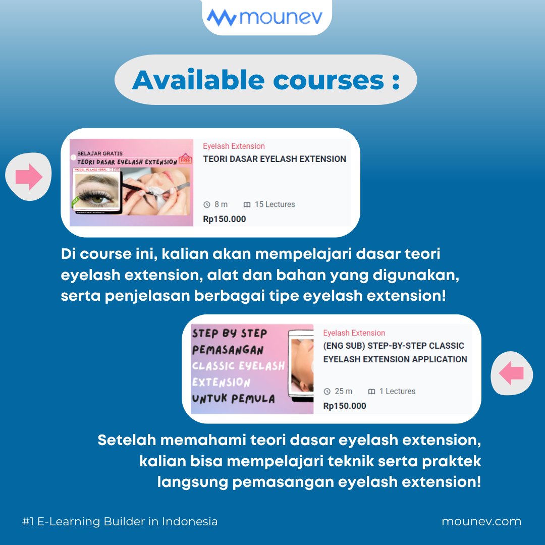 MounevIndonesia's tweet photo. Platform E-Learning di Mounev yang berfokus di industri kecantikan. Kalian bisa mendapatkan online course berbagai treatment kecantikan dengan harga affordable di https://t.co/WRk8RhUL7X #eyelash #course #beautyclass https://t.co/SU7E6qtq9d