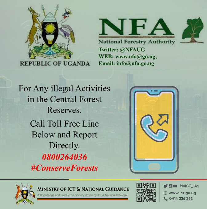 PrincessCheris4's tweet photo. NFA has a mandate of managing 506 Central Forest Reserves totaling to 1,262,090 hectares of the land cover. NFA does Forestry Management, Eco Tourism, and runs a Tree Seed Center. 

For any illegal activities in the Central Forest Reserves, report to 0800264036 
#ConserveForests https://t.co/lljp9TPuAN