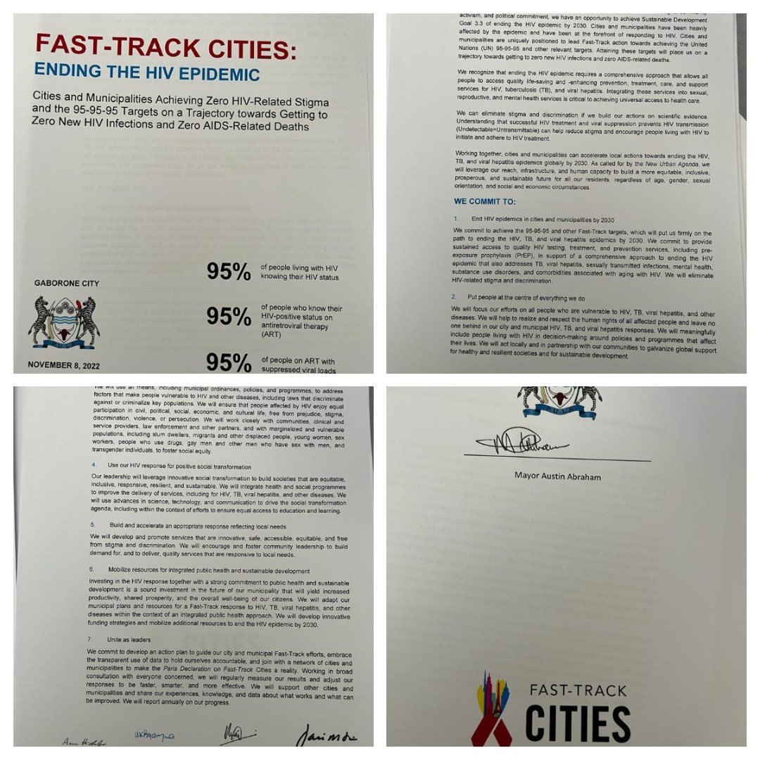 AlankarMalviya's tweet photo. Mayor @city_gaborone Signs #ParisDeclaration and join @FastTrackCities in a ceremony with @O_Brochenin as guest of honour. @unaids is privileged to support the council in its leadership to take #Botswana towards EndingAIDSby2030 Thanks to @IAPAC @UNHABITAT https://t.co/oquAJJbVb3