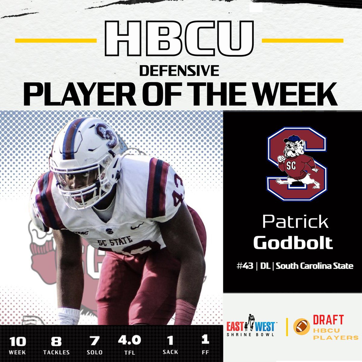 HBCU Defensive Player of the Week: 💫DL - Patrick Godbolt (@patrick_godbolt) - @SCState_Fb vs Delaware State ▫️8 tackles ▫️4 TFL ▫️1 sack ▫️1 FF 📈@DraftHBCU