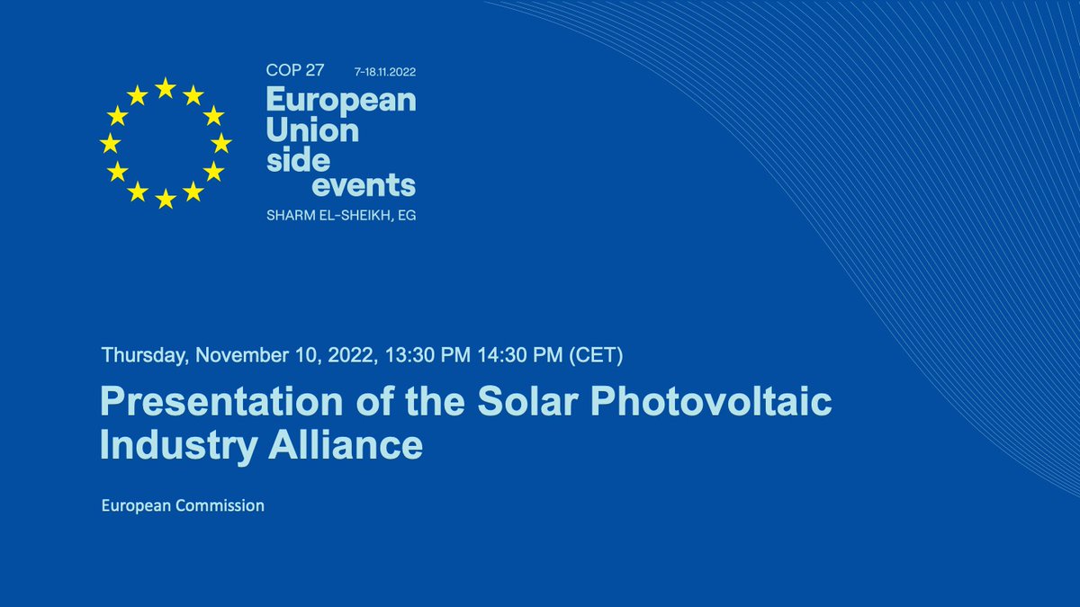 EU_Growth's tweet photo. Join our #EUatCOP27 side event on ☀️ to #RePowerEU.
The Solar Photovoltaic Industry Alliance aims for:
⚡️320 GW new solar photovoltaic capacity by 2025
⚡️+/-600 GW by 2030
📅10 November, 13:30 – 14:30 (CET)
✍️Register ⤵️
https://t.co/qrPesHSnyq
#COP27 #ResilientEU https://t.co/jHVH4a7AML