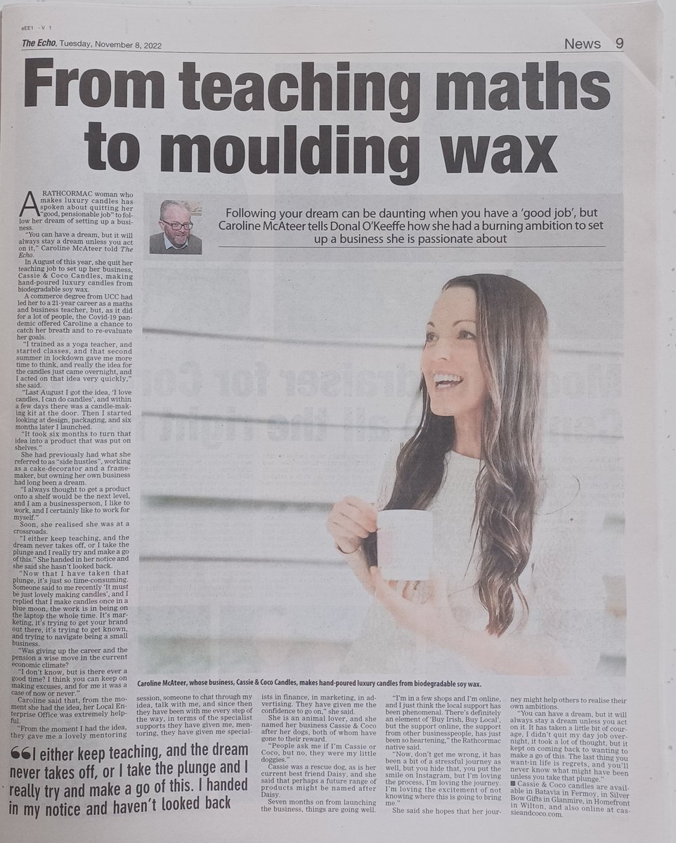 CassieAndCoco's tweet photo. Thank you @Donal_OKeeffe for the write up in the @echolivecork ! After 21 years one chapter closes and another begins!
#smallirishbusiness #entrepreneur #DreamBig #HomeIsWhereTheCandleIs https://t.co/NWxxM98Tk7