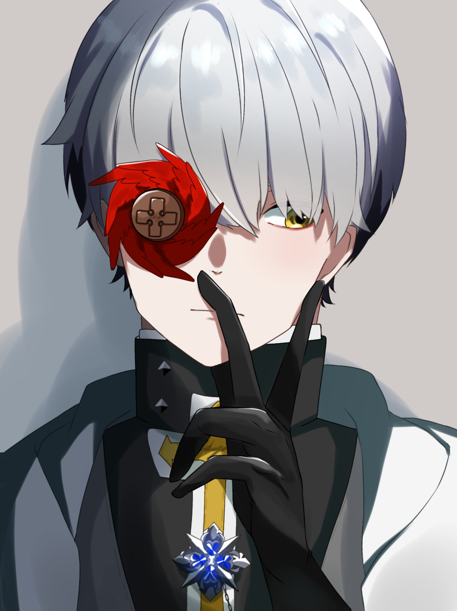 male focus 1boy solo flower black gloves gloves grey hair  illustration images