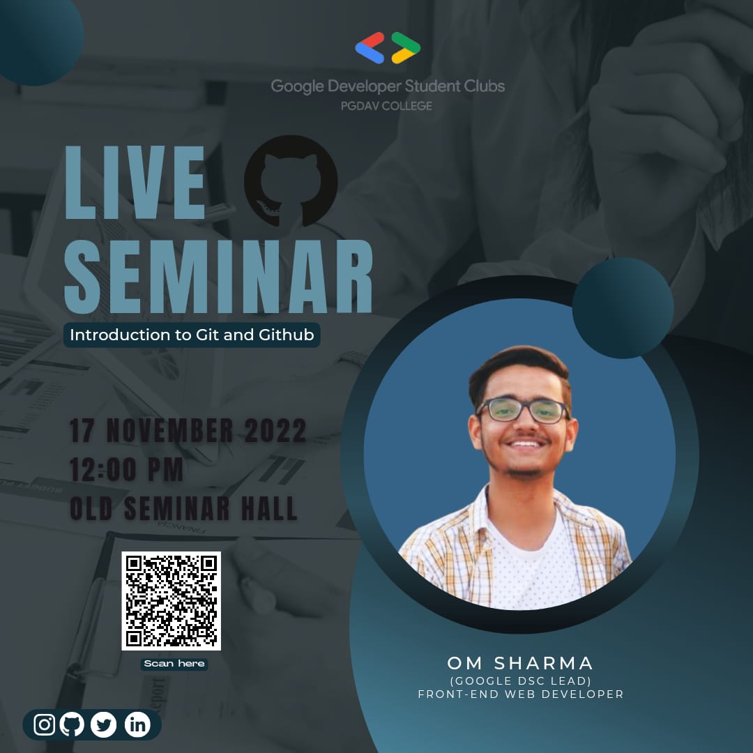 dscpgdav's tweet photo. We are glad to host our first seminar for this session on the topic of INTRODUCTION TO GIT AND GITHUB.🌟💫

We are excited to host Mr. Om Sharma an Incoming intern at Microsoft, Google DSC Lead.🔥

Scan the QR Code to register!💯

#gdscpgdav #googledeveloperstudentclub https://t.co/qGf867VIej