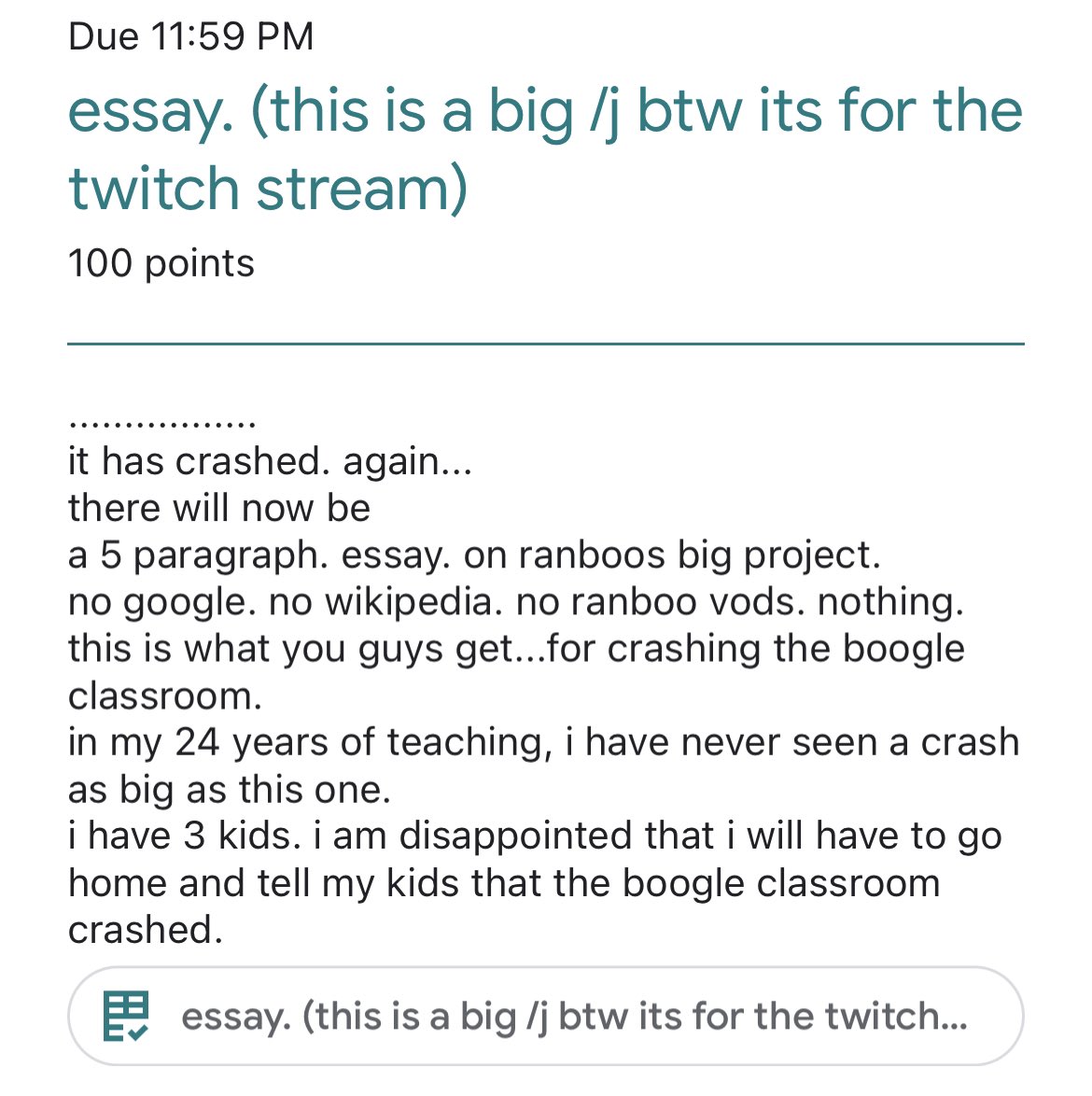 dum6luck's tweet image. today. boogle classroom. grading your essays. be prepared. #boogleclassroom #boogle 
twitch.tv/dum61uck