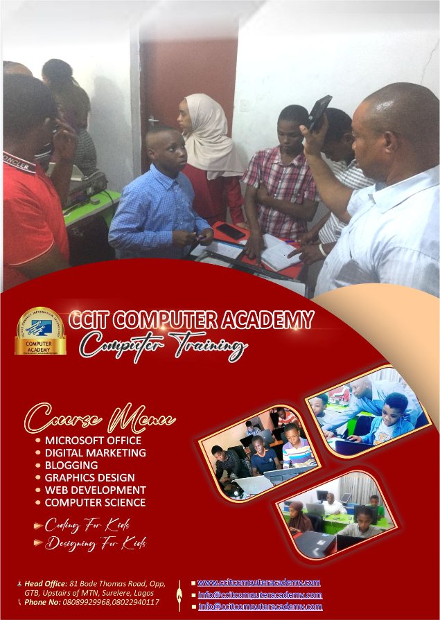 ccitdigitals's tweet photo. Learn new ict skills at CCIT Computer Academy and join leagues of Digtal GIGS in Nigeria today
for details visit https://t.co/qogmVnpYGU
#digitalmarketing #webdesign #graphicsdesign #microsoftoffice #softwaredevelopment #coding #programming #mobiledevelopment #digitalskills #ict https://t.co/o5y1XOwa1v