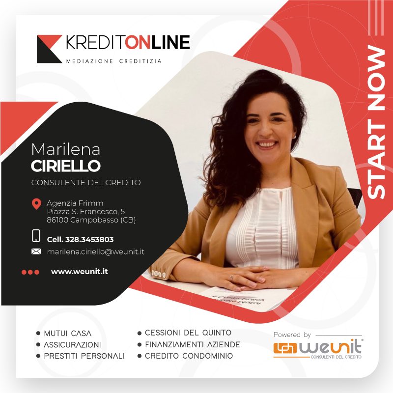 KreditOnLineSrl's tweet photo. Nuovo ingresso nella squadra 𝗞𝗥𝗘𝗗𝗜𝗧 𝗢𝗡𝗟𝗜𝗡𝗘!
Diamo il Benvenuto a 𝗠𝗮𝗿𝗶𝗹𝗲𝗻𝗮 𝗖𝗶𝗿𝗶𝗲𝗹𝗹𝗼, Consulente del credito Area Campobasso.
#Kreditonline #weunitneversleeps #consulente #credito #mutui #consulentedelcredito #campobasso https://t.co/65eA0Yvnwc